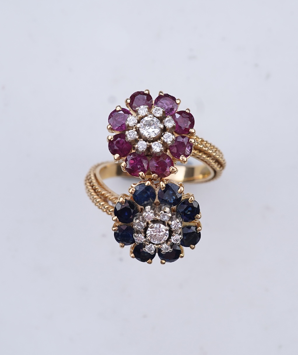 A sapphire, ruby and diamond demi-parure, mid 20th century
